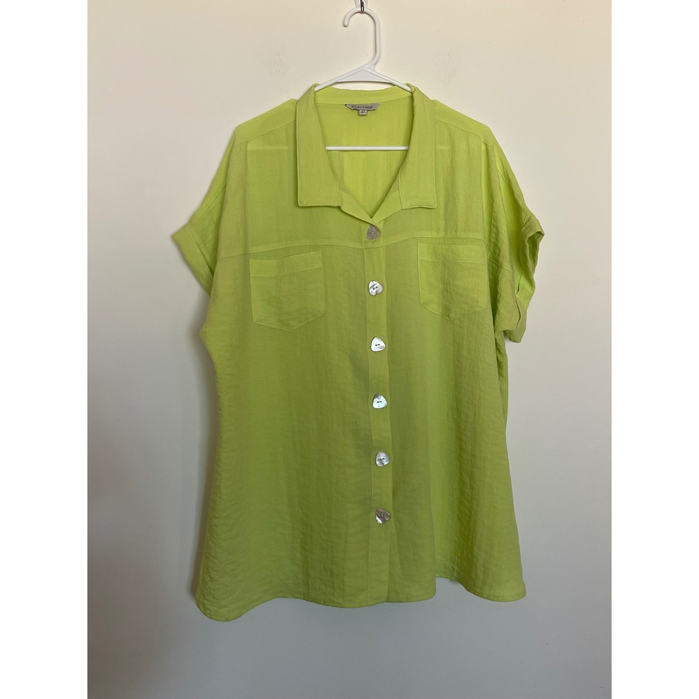 John Mark Lime Green Crinkled Collared Button Up Mother Pearl Buttons Artsy Neon